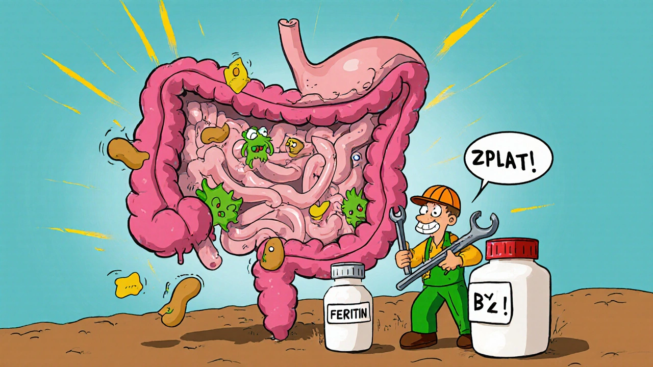 A leaky gut with food monsters escaping while a weak immune worker tries to fix it with empty nutrient tanks.