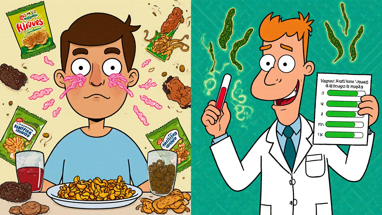 Before-and-after scene: a tired vegan with hives turns into a healthy person eating nutrient-rich foods, in cartoon style.