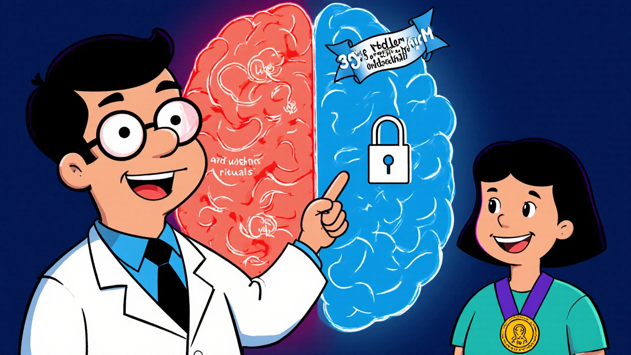 A brain diagram shows OCD chaos calming as norepinephrine rises, with a doctor pointing it out.