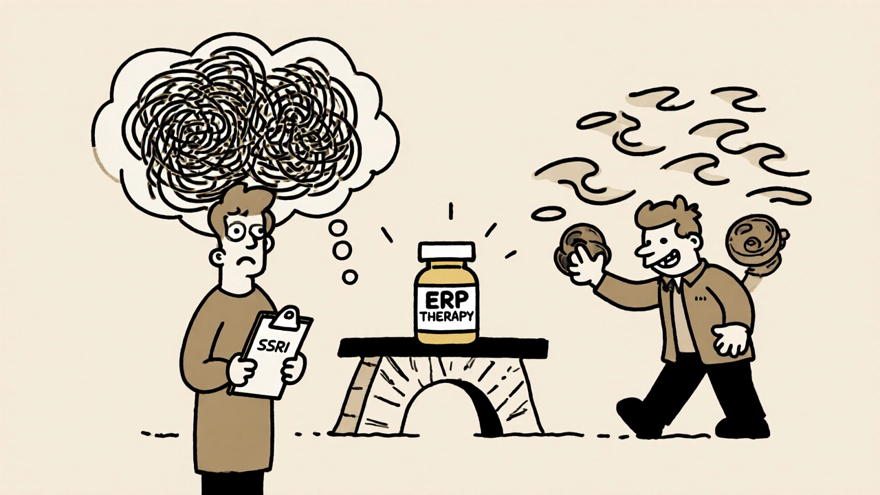 A person stands between SSRIs and atomoxetine, with ERP therapy helping reduce obsessive spirals.