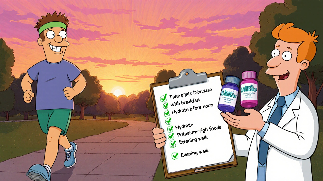 Adult walking in a park with a checklist of sleep tips and a doctor offering alternative pills.