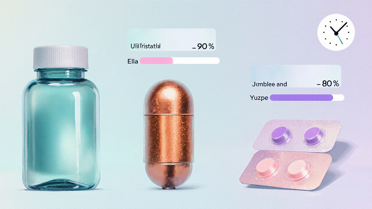 Artistic layout of three emergency contraception methods with visual cues.