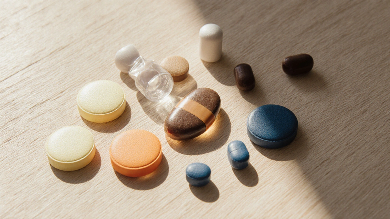 Assortment of different antifungal tablets and capsules arranged on wood.