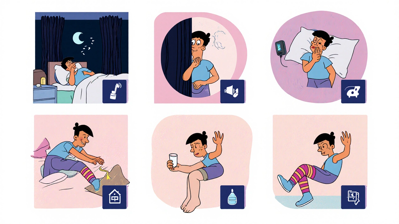 Cartoon bedtime routine with compression stockings, water glass, and leg stretch.