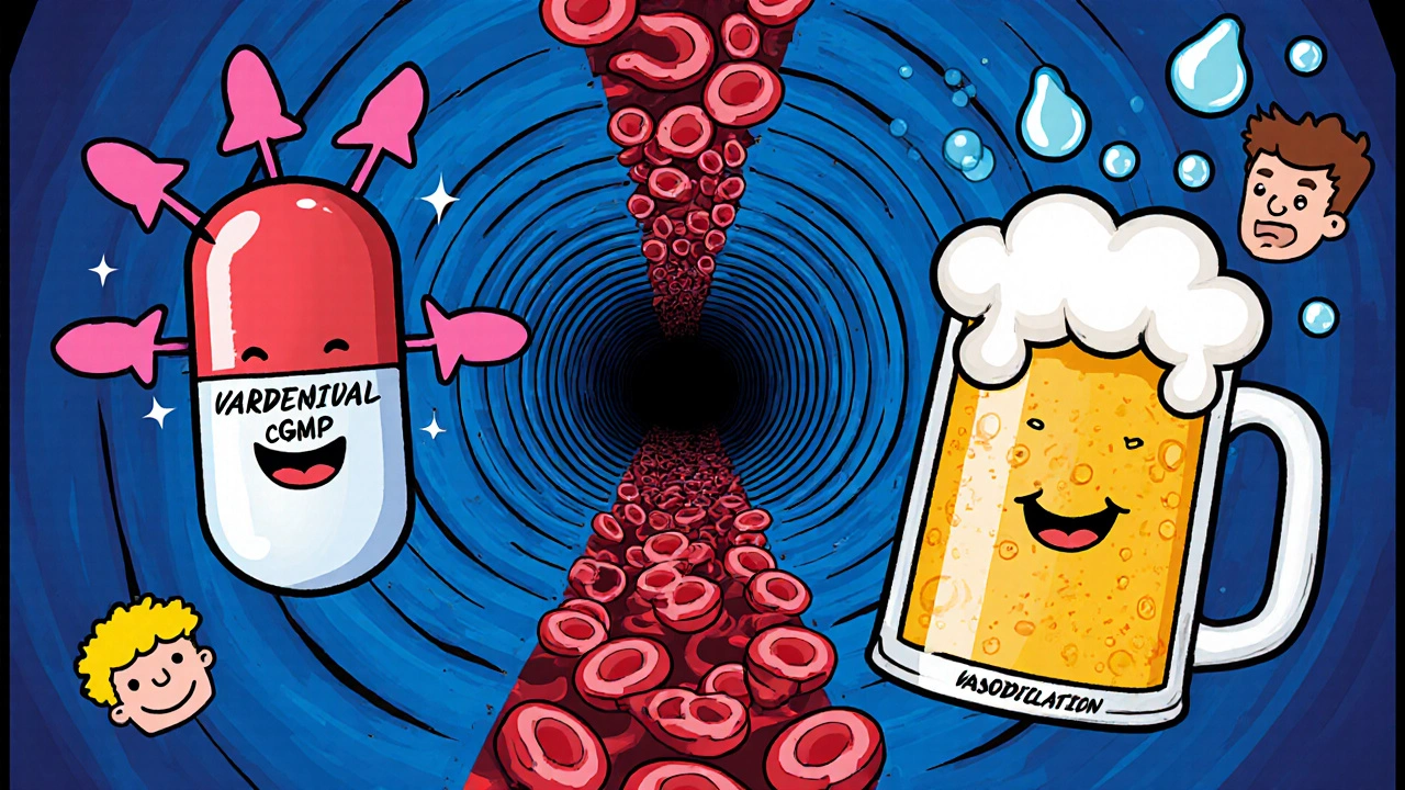 Cartoon bloodstream shows Vardenival pill and beer causing side‑effects.