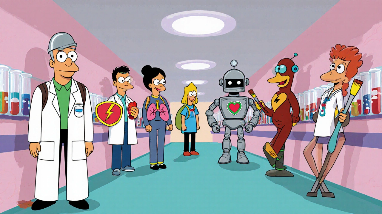 Cartoon characters personifying six chemotherapy drugs in a lab hallway.