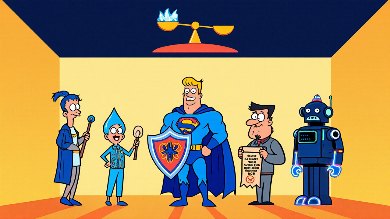 Cartoon drug characters, led by Hyzaar, compare benefits on a playful scale in a Hanna‑Barbera style panel.