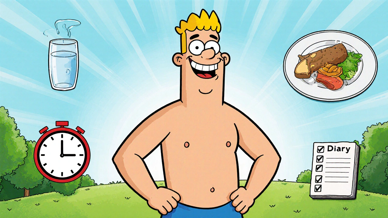 Cartoon individual with flat belly surrounded by icons of water, walking, slow chewing, and a diary.