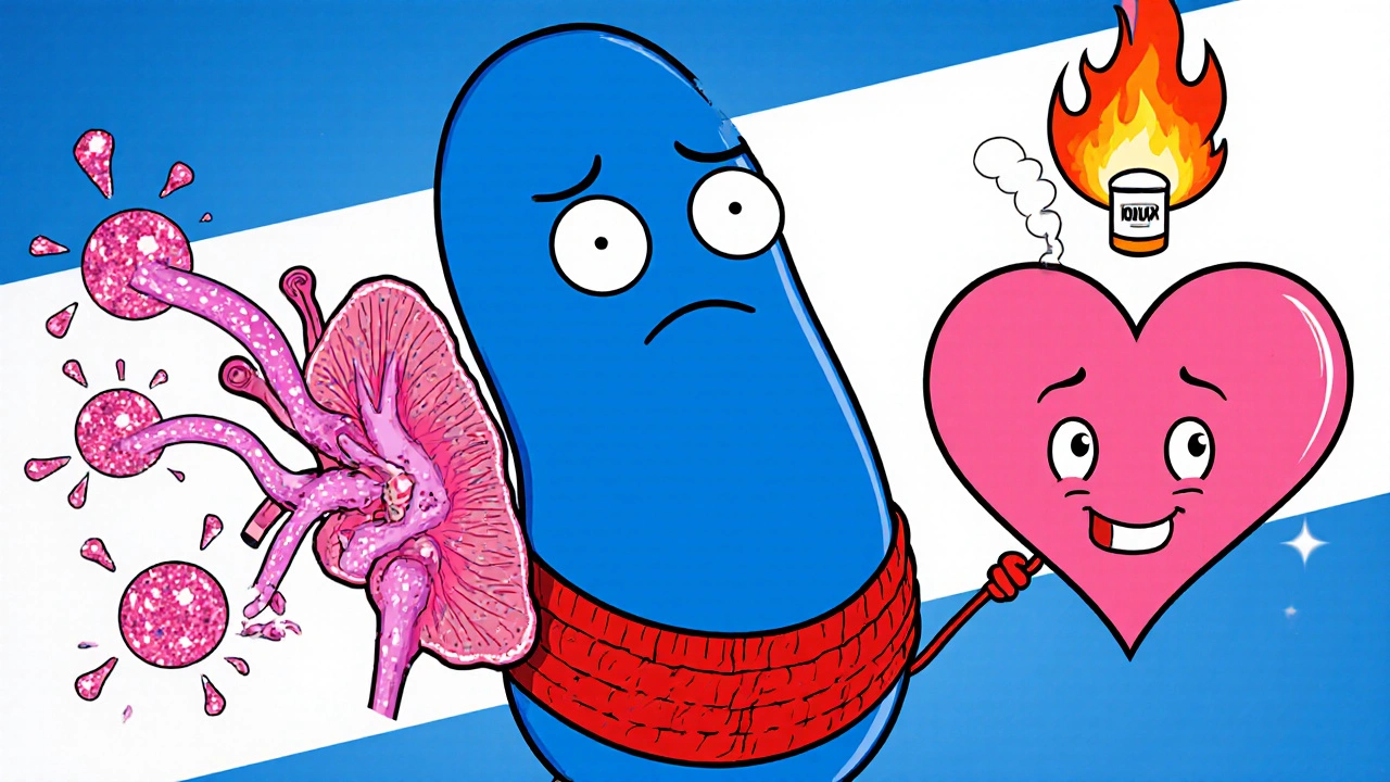 Cartoon kidney and heart showing blocked glucose flow and inflammation from nicotine.