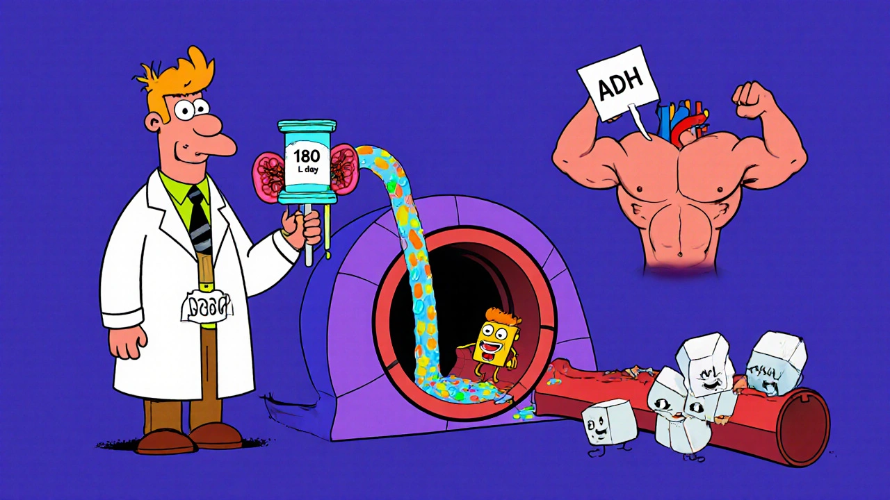Cartoon kidney filters water, ADH delivers a note, sodium and protein manage fluid balance.