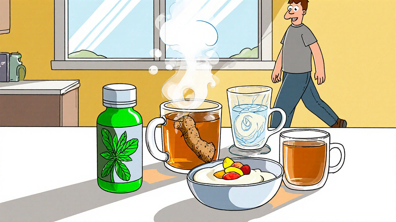 Cartoon kitchen counter showing peppermint oil, ginger tea, fennel seeds, yogurt, ACV, chamomile tea, and a character walking.