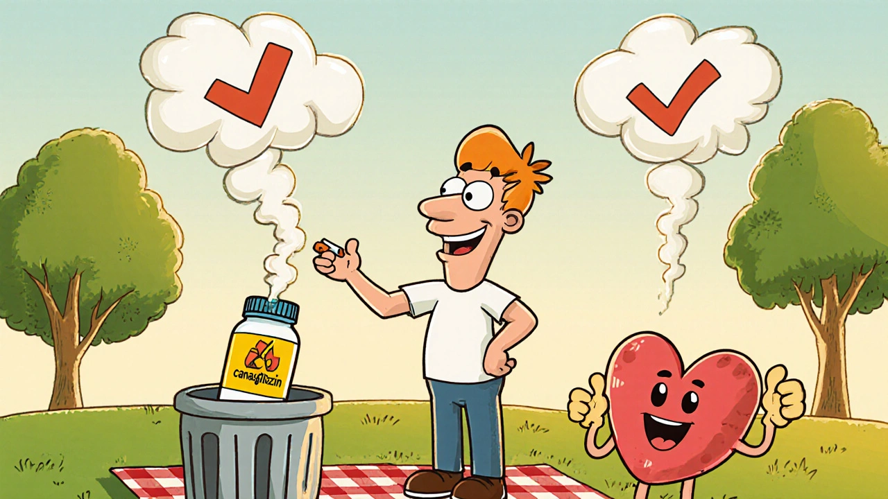 Cartoon person discarding a cigarette, with smiling kidney and heart celebrating health.