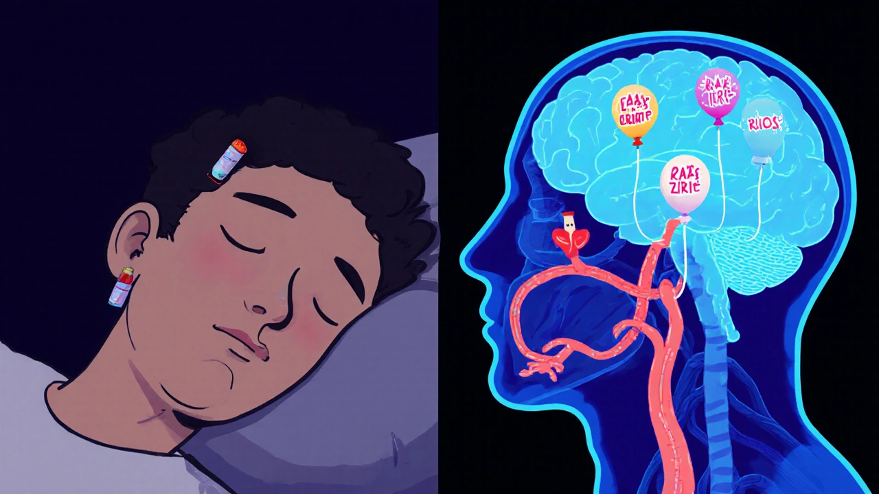 Cartoon view of sleeping person with friendly baroreceptors and RAAS symbols inside.