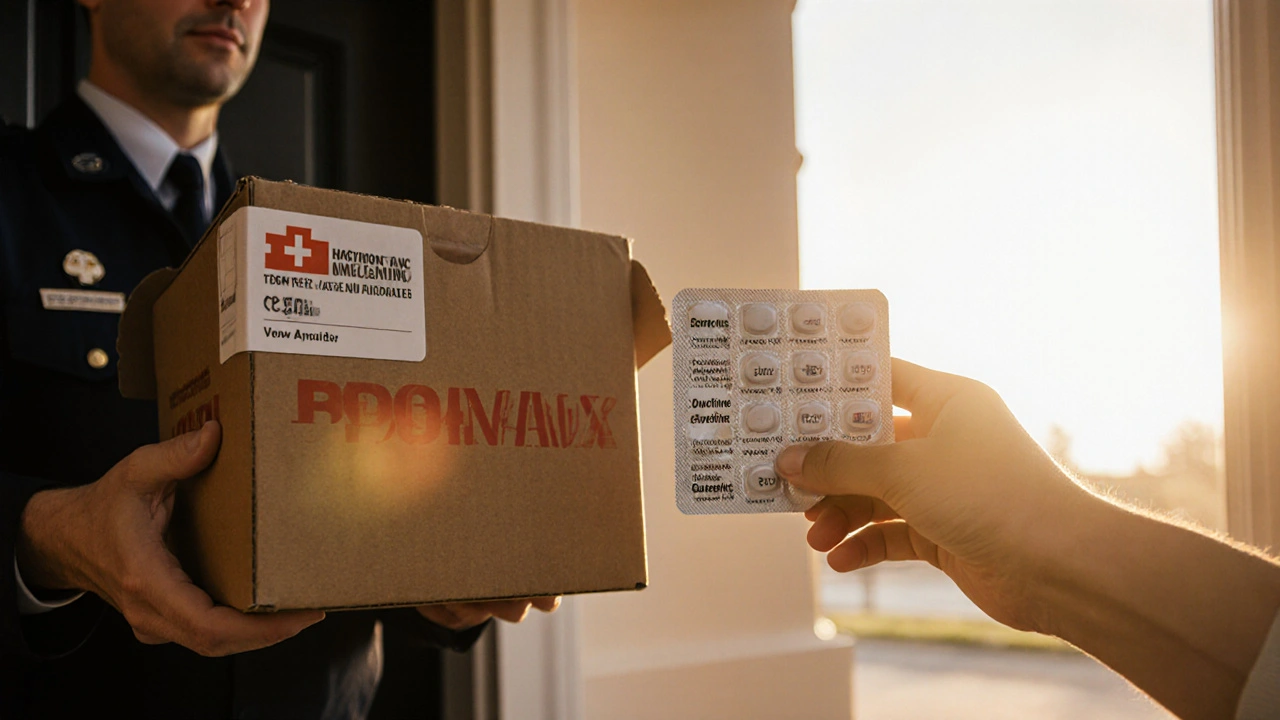 Courier delivering a box containing duloxetine tablets with batch number visible.