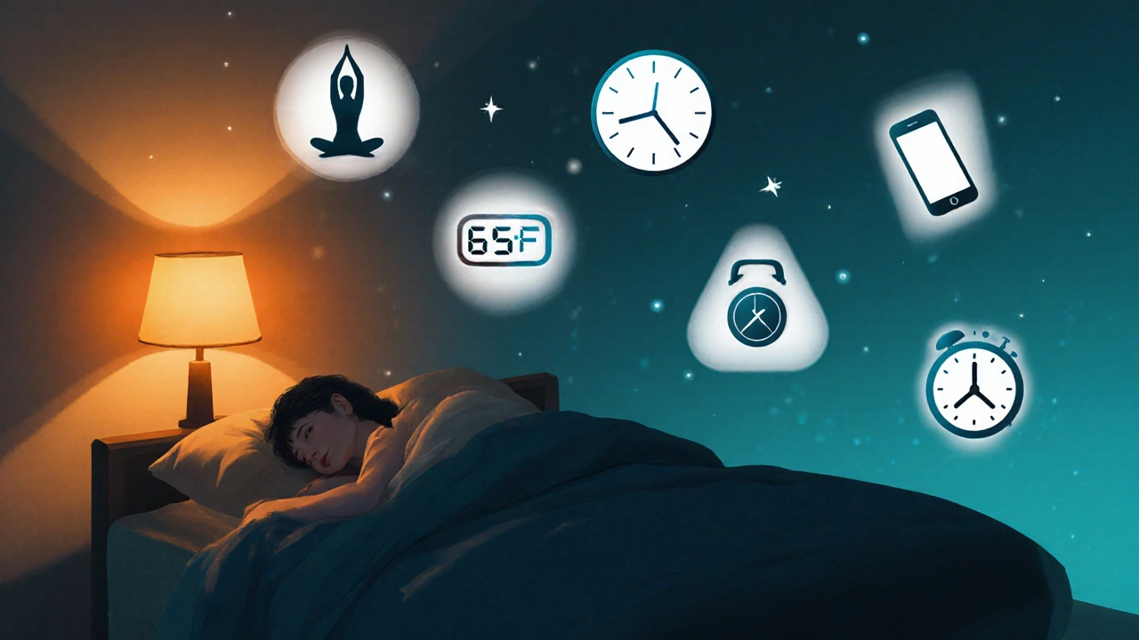 Cozy bedroom scene with dim lights, stretching silhouette, thermostat, and no devices, portraying healthy sleep habits.