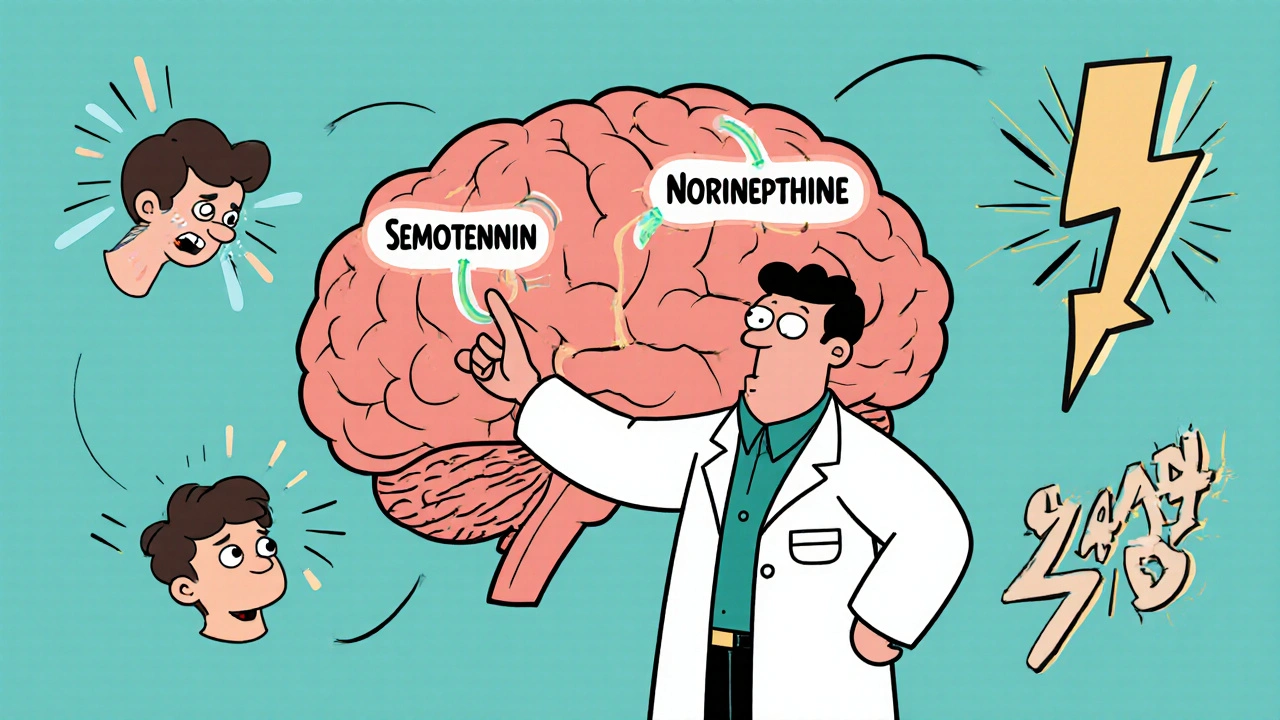 Doctor explains brain pathways while cartoon side effects pop out around them.
