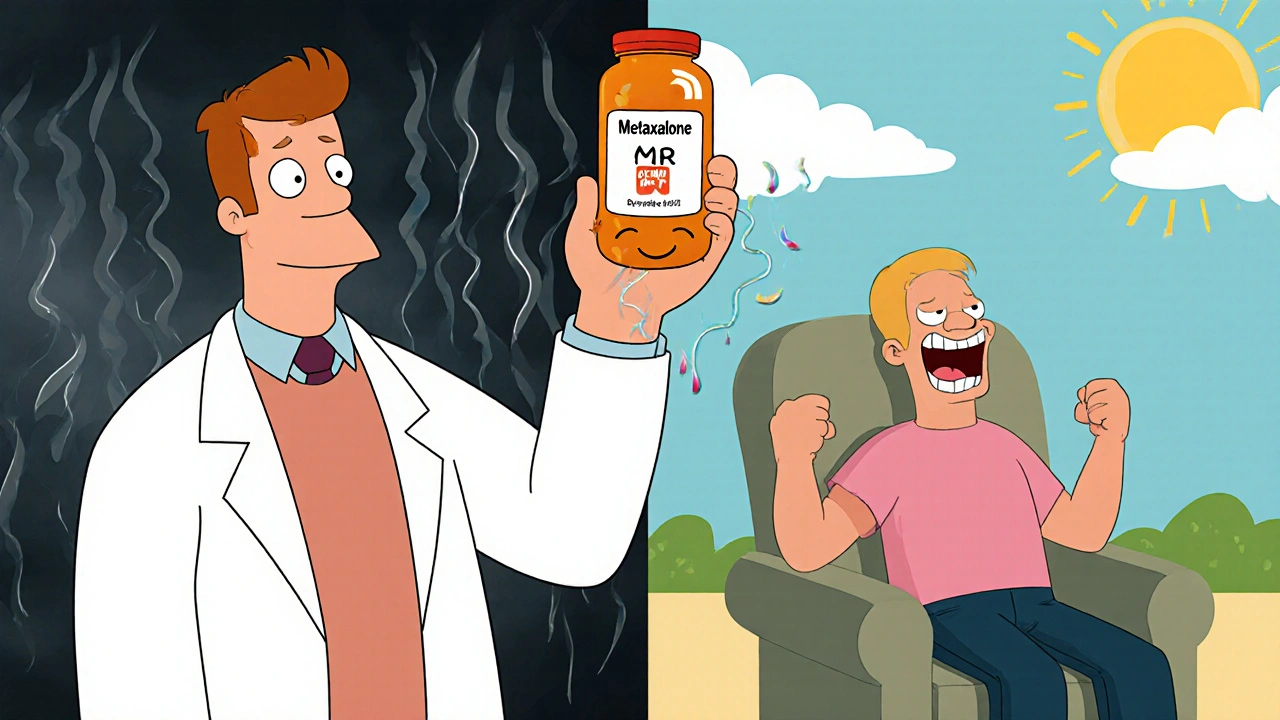 Doctor holding Metaxalone MR pill bottle as patient's tense muscles relax like melting taffy