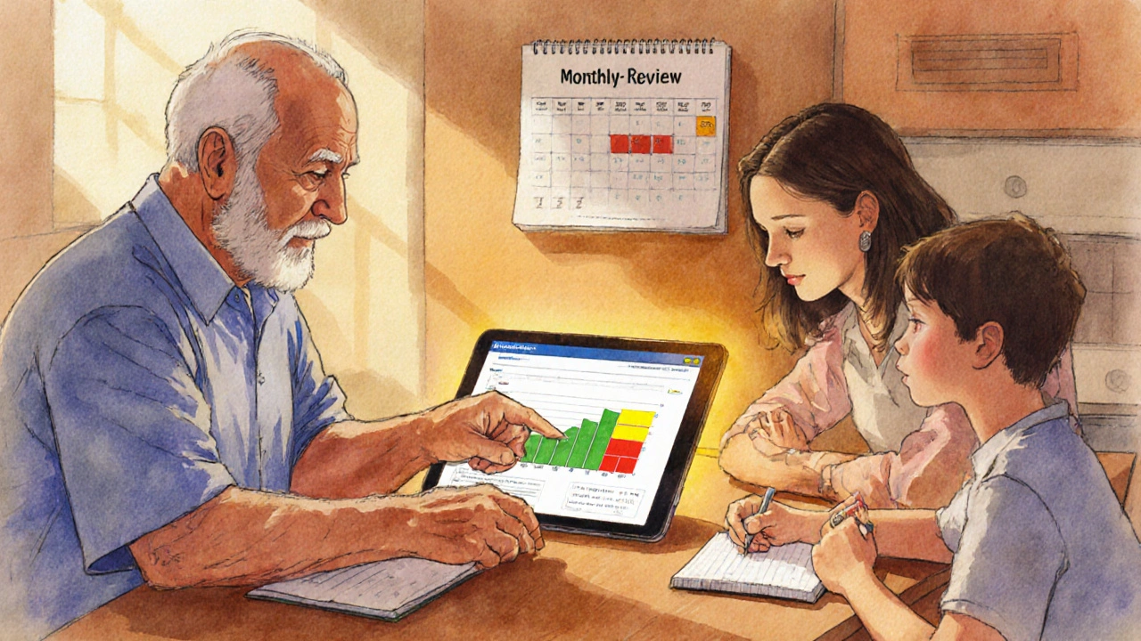 Family reviewing a digital COPD symptom log at the kitchen table.