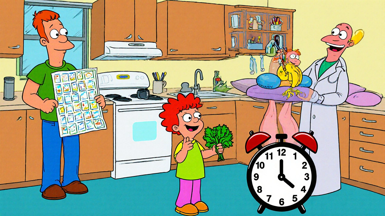 Family tracks water, eats healthy foods, elevates leg, doctor watches, illustrating oedema care.
