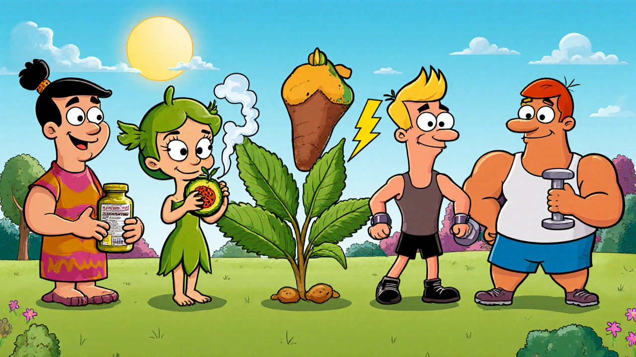 Five cartoon mascots representing different weight‑loss supplements standing side by side in a park.