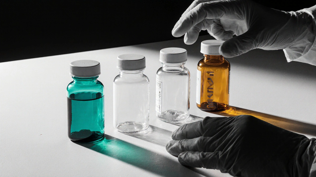 Five differently shaped pill bottles on a lab bench being compared.