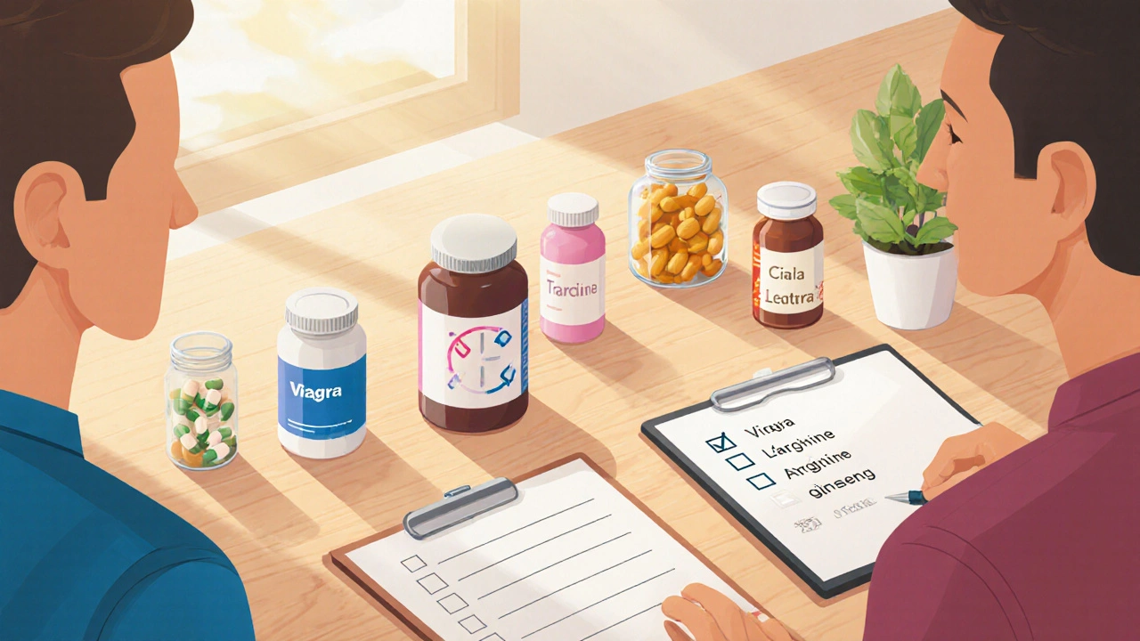 Flat vector illustration of a doctor's office with various ED medication bottles and supplements.
