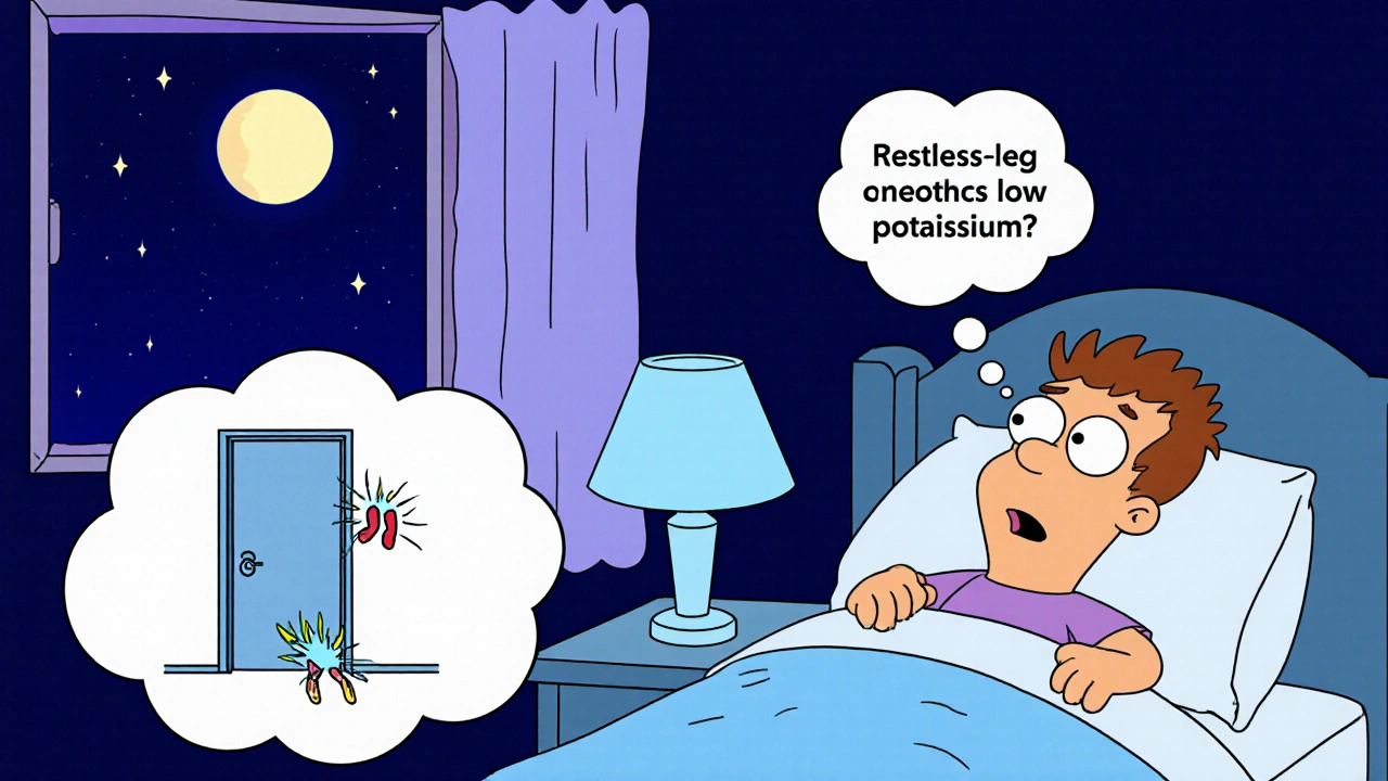 Groggy adult in bed at night with thought bubbles depicting a bathroom trip and restless legs.