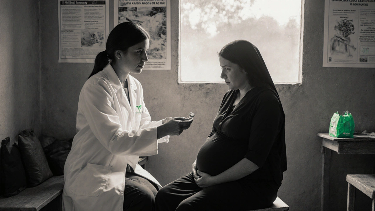 Health worker giving a lamivudine pill to a pregnant woman in a clinic.