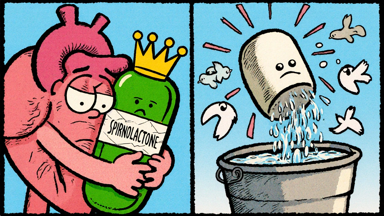 Heart character hugged by spironolactone pill while furosemide dumps water and potassium flies out