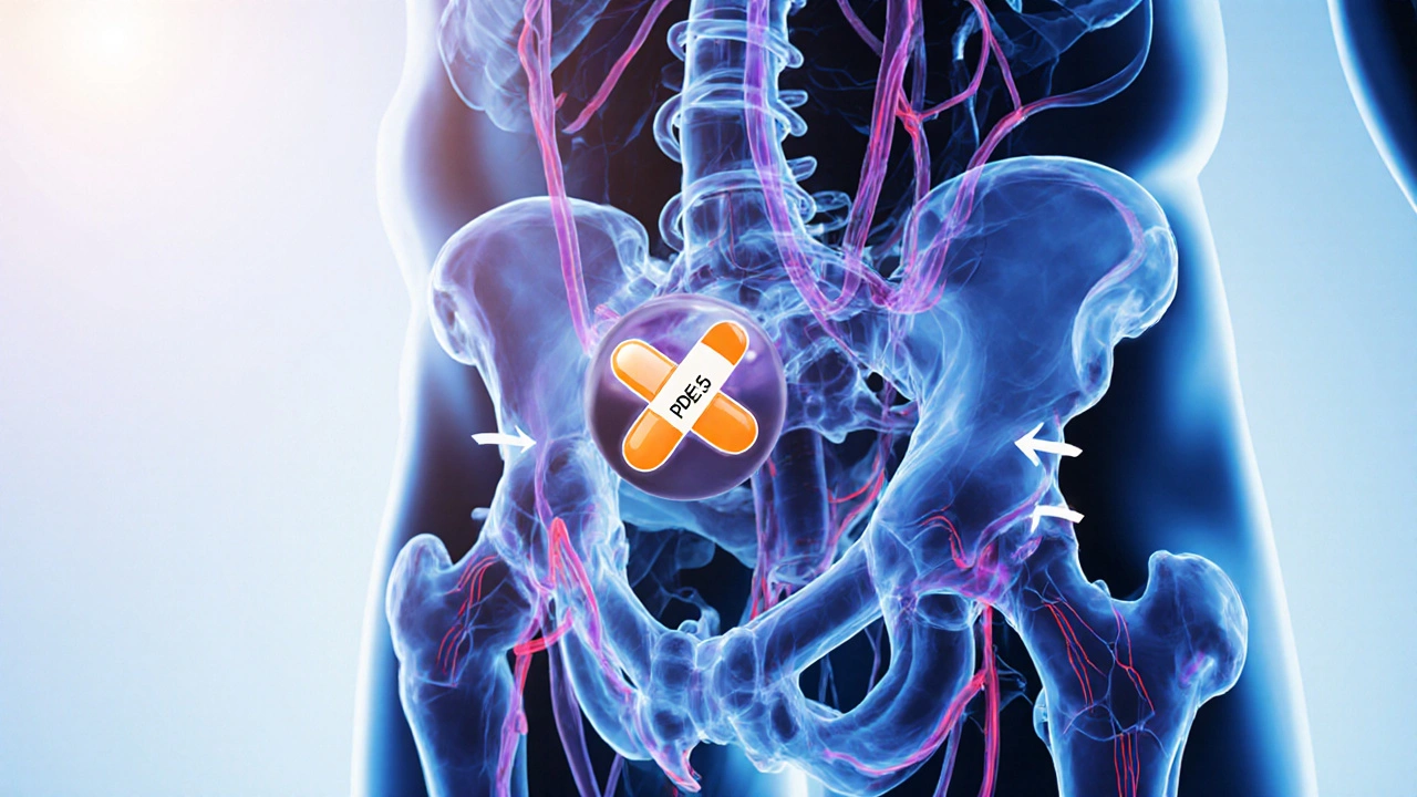 Illustrated cross‑section of a penis showing relaxed smooth muscle and a sildenafil molecule blocking PDE5.