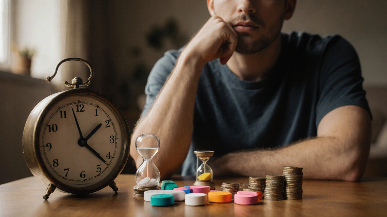 Man at a table with assorted ED tablets, a clock, hourglass, and coins symbolizing onset, duration, and price.