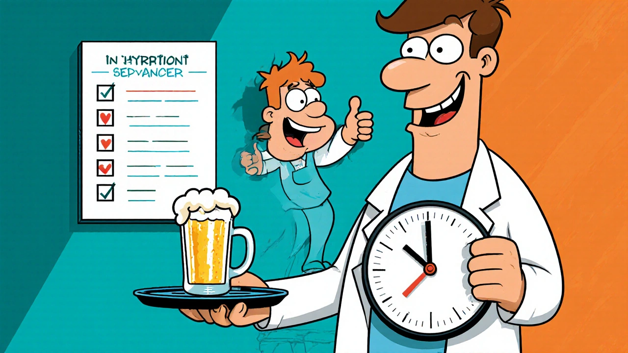 Man holds clock and water glass, with doctor and safety checklist in cartoon style.