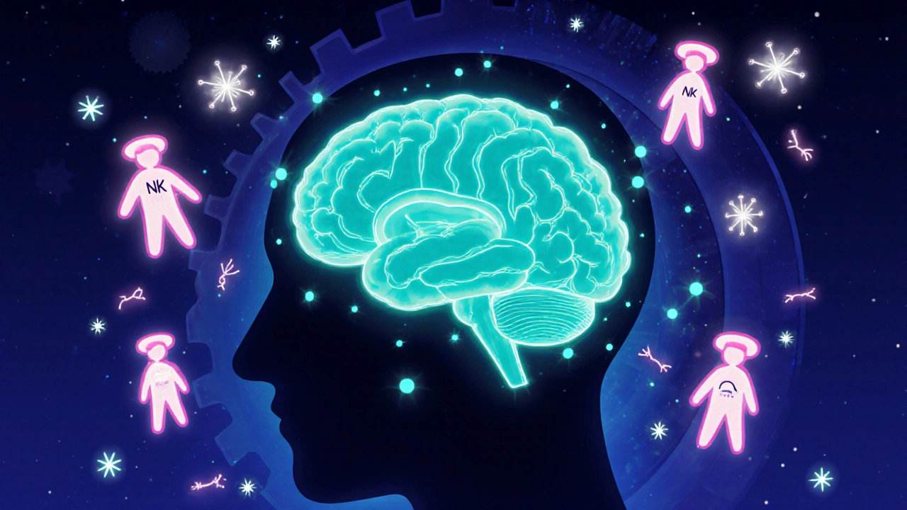 Nighttime brain releasing melatonin, with glowing NK cells and cytokine particles illustrating immune regulation.