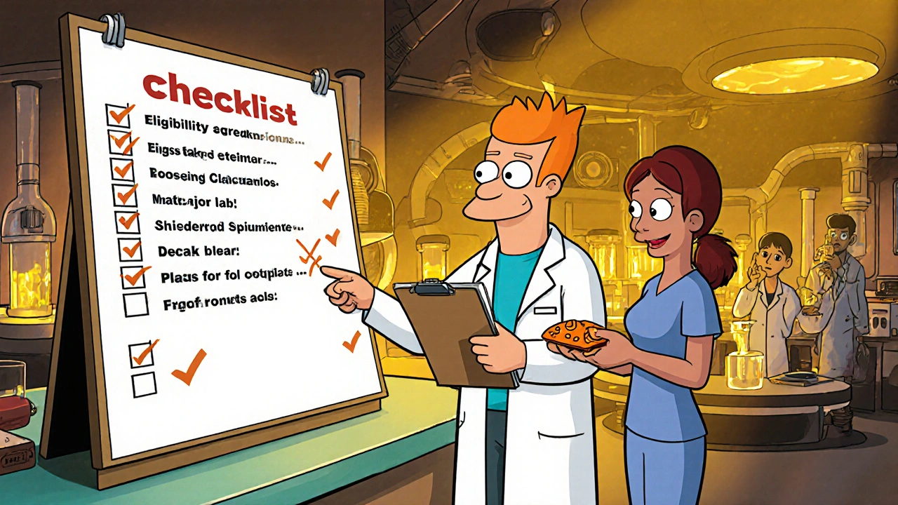 Nurse's checklist and futuristic lab illustrating safety tips and future research.