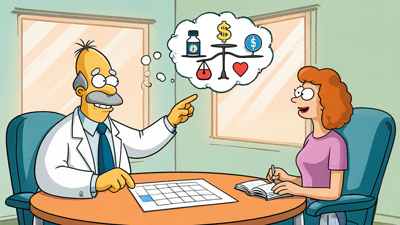 Oncologist and patient discussing treatment choices with symbolic icons.