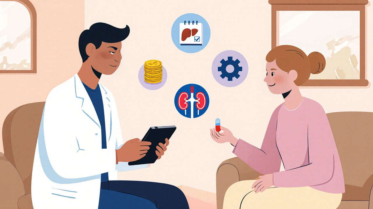 Patient and doctor reviewing medication choices with health icons.