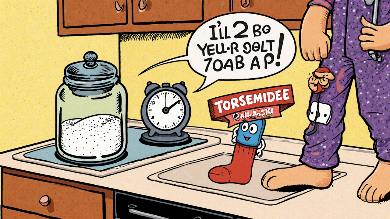 Patient weighing themselves in pajamas next to giant salt shaker and torsemide pill with 'One Dose' banner