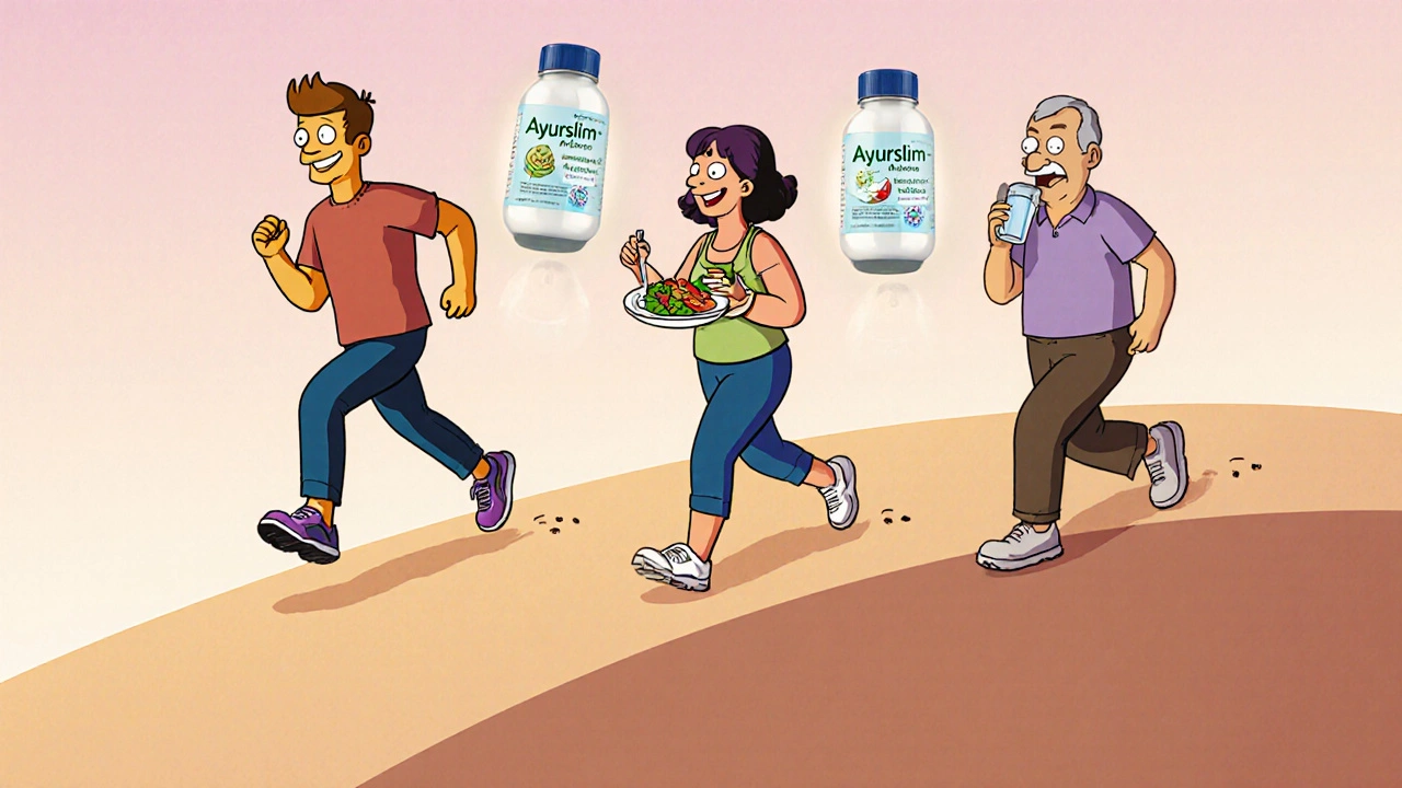 People exercising and cooking with glowing Ayurslim bottles hovering above them on a gentle hill.