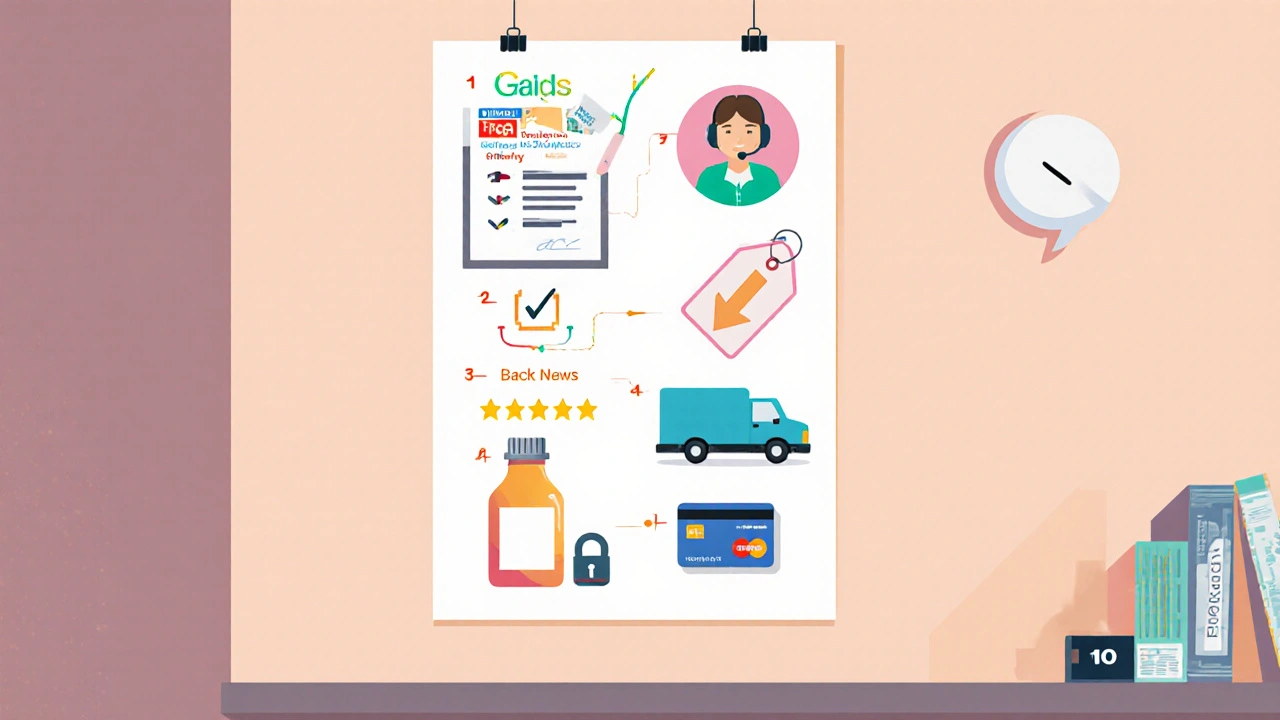 Poster illustration of a 7‑step checklist with icons for pharmacy verification.