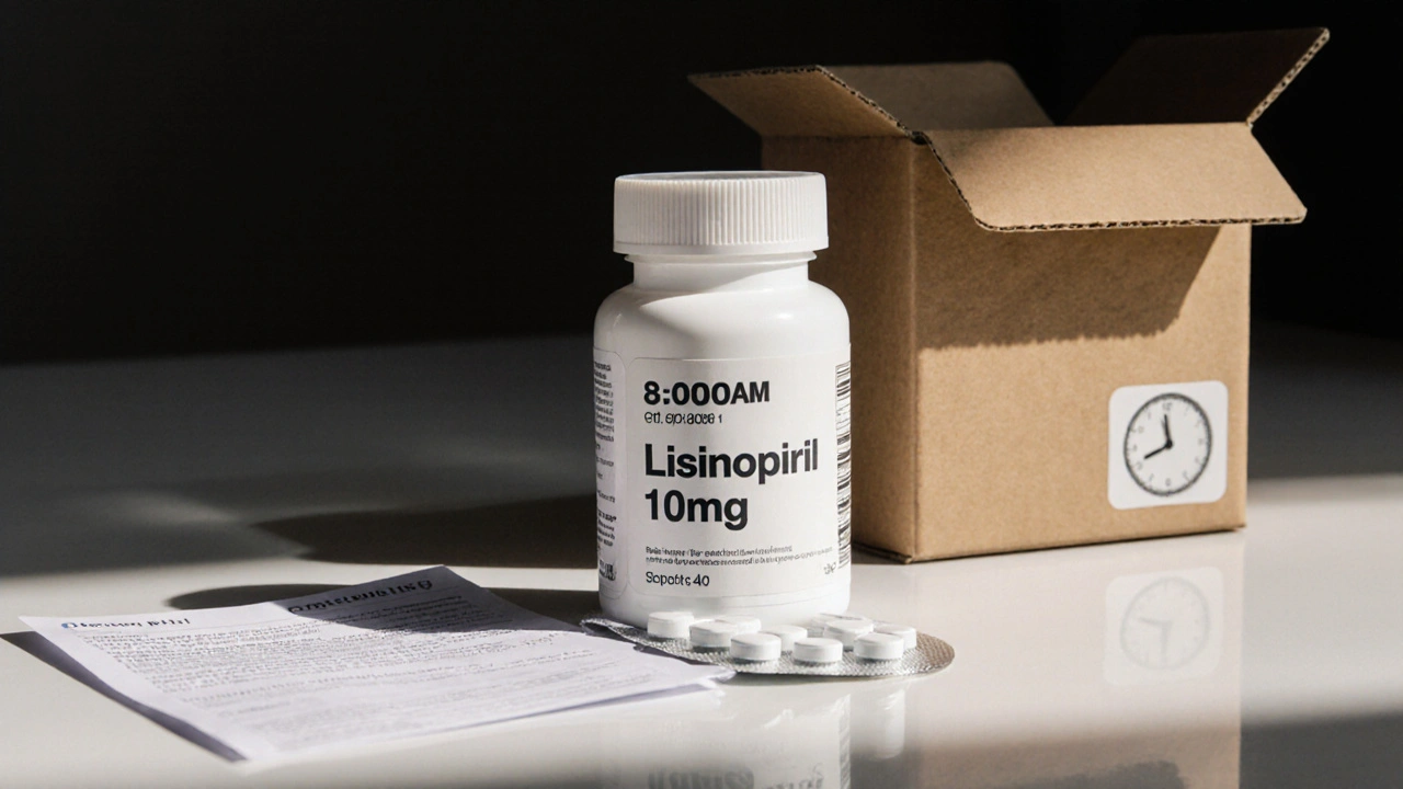 Sealed lisinopril bottle with label and expiration date on a countertop beside an opened box.