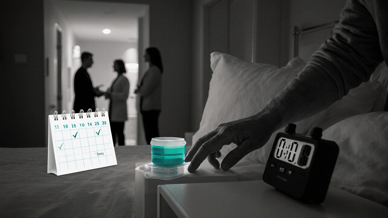 Senior uses flavoxate at night, showing routine and care team support.