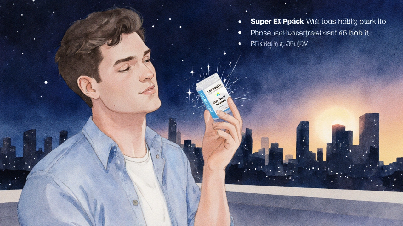Watercolor scene of a man on a rooftop holding a half tablet as night turns to dawn.