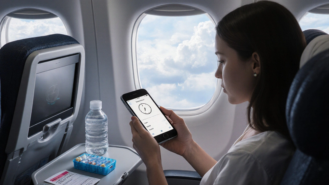 Woman on plane checking UTC alarm on phone, with pill organizer and water bottle at her side.