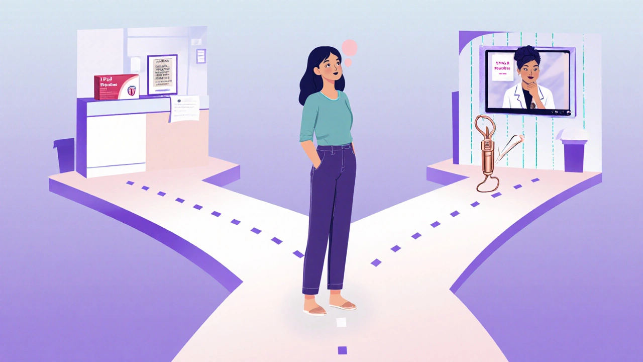 Woman standing at a crossroads choosing between pharmacy, clinic, and telehealth options.