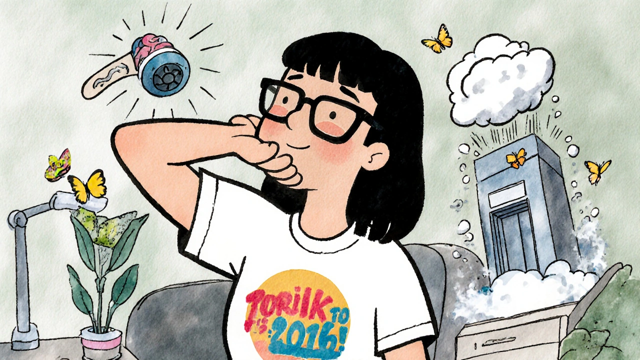 Woman stretching jaw with symbols of reduced grinding, better posture, and calm