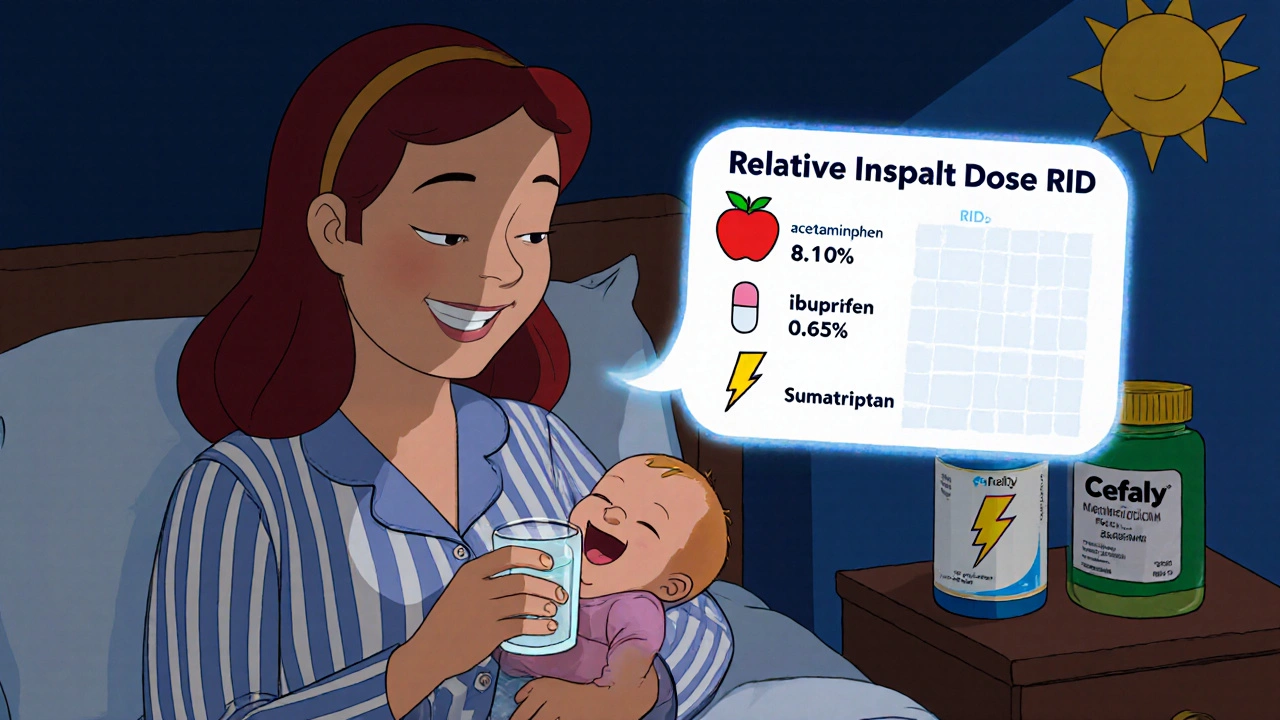 A breastfeeding mother taking a safe medication right after feeding, with RID icons floating beside her.