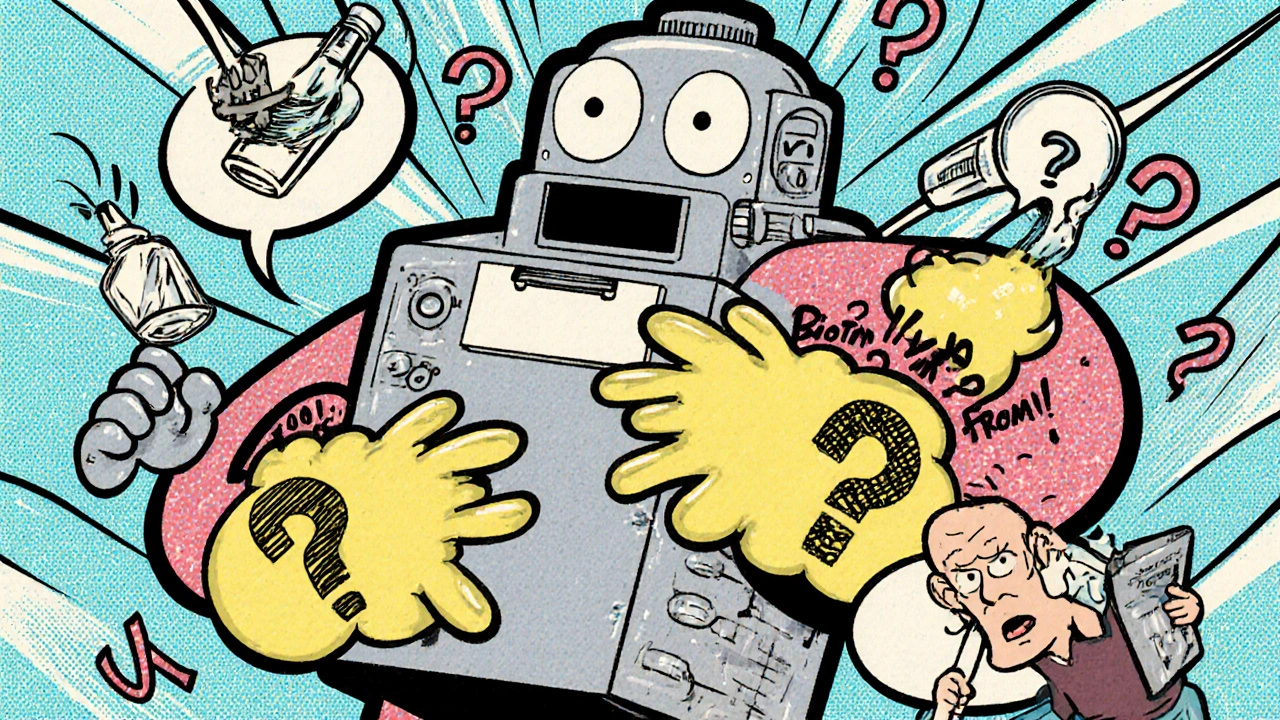 A cartoon lab machine confused by two biotin blobs, causing test tubes to explode with question marks.