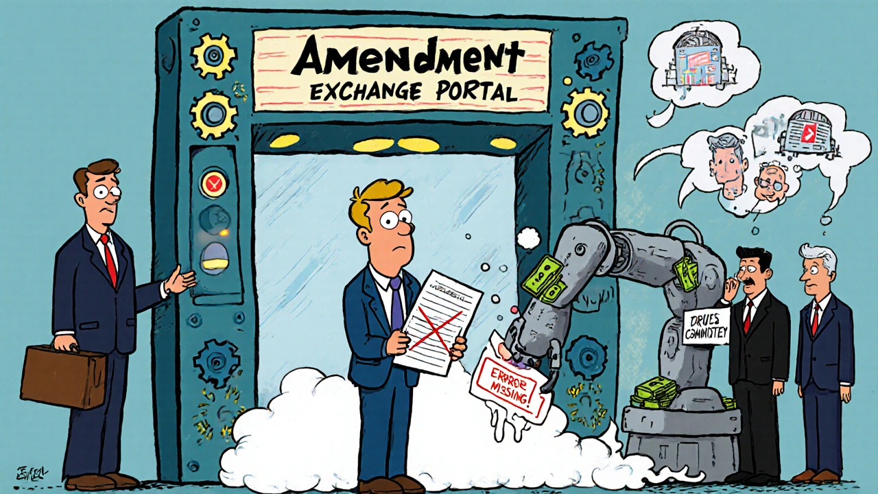 A clunky digital portal rejects a confused congressman&#039;s amendment with a metadata error message.