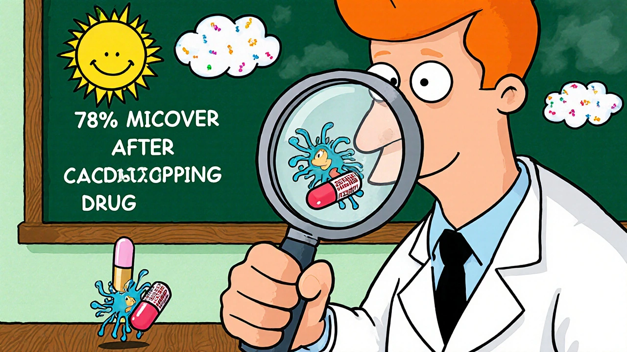 A doctor examining olfactory neurons being hit by pill bullets in a whimsical cartoon illustration.