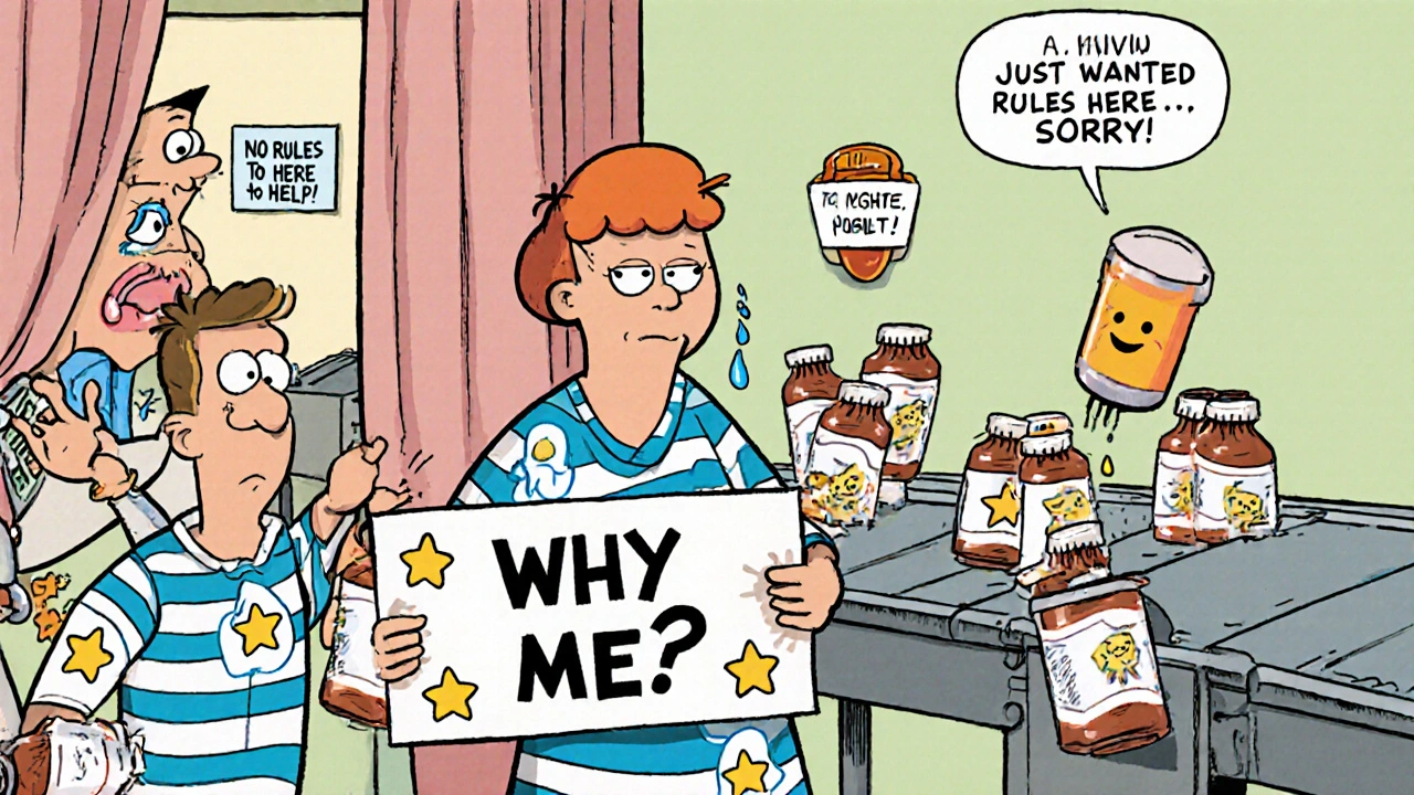 A patient watches medicine doses go to others with stars while they&#039;re left behind on a conveyor belt.